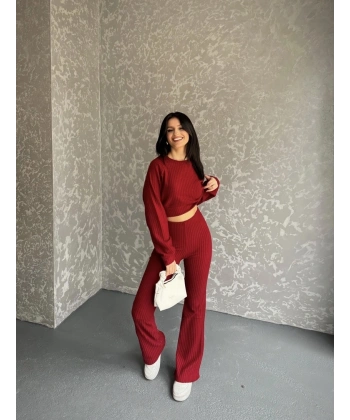 Fitili crop ve pantolonlu triko ikili takım