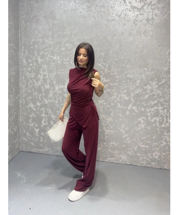 Asimetrik detay bluz ve pantolonlu ikili takım