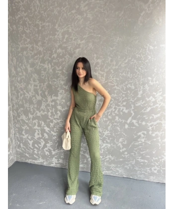 Gofre tek omuz bluz ve pantolonlu ikili takım 3 renk seçeneği