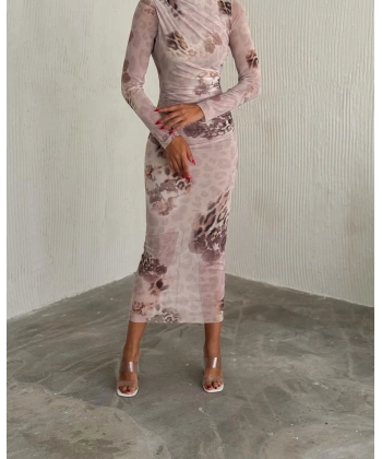 Drapeli dik yaka tül elbise