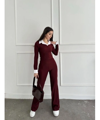 Uzun kol gömlek yaka crop ve pantolonlu ikili takım