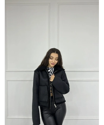 Cep detay lamine içi kürklü ceket