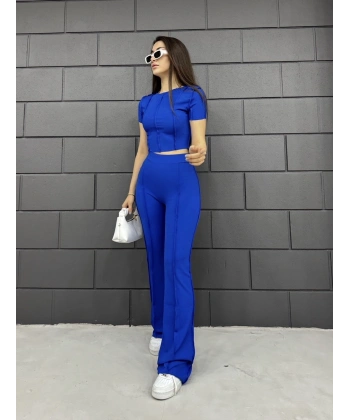 Ters dikiş crop ve pantolonlu ikili takım