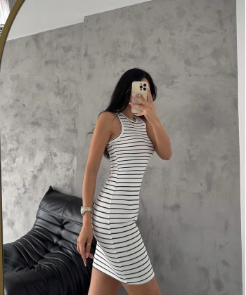 Çizgili halter yaka mini elbise