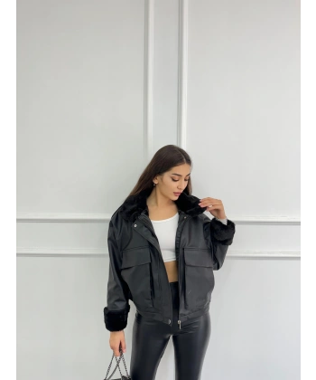 Kürklü cepli deri ceket