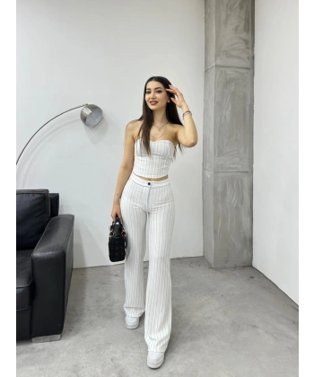 Çizgili Straplez pantolonlu ikili takım