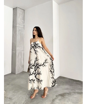 Keten desenli askılı uzun elbise