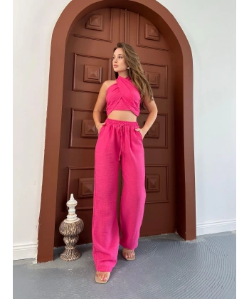 Boyundan bağlama detay bluz ve pantolonlu keten ikili takım
