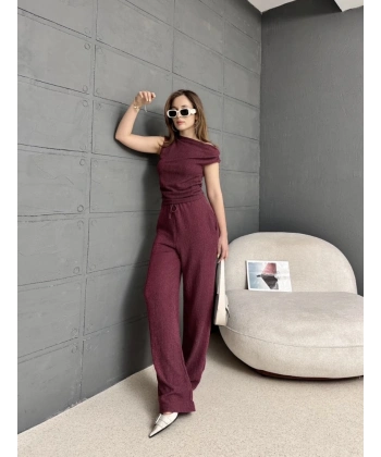 Gofre bluz ve pantolonlu ikili takım