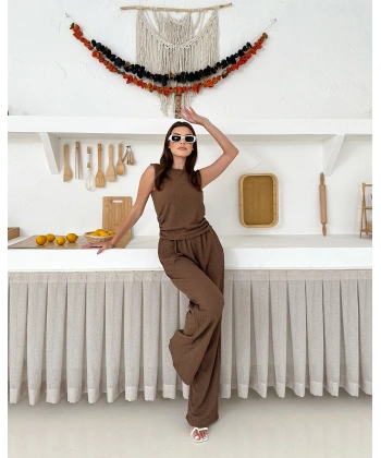 Sıfır kol Drapeli bluz ve pantolonlu ikili takım