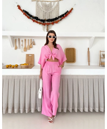 Önden bağlamalı çilek kumaş ikili takım