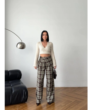 Ekose yüksek bel fularlı pantolon