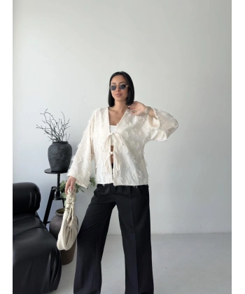 Keten Püskül Detaylı Kimono Ceket