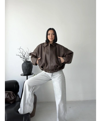 Oversize fermuarlı kemer detay deri ceket