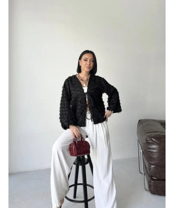 Bohem püskül detaylı bağlamalı ceket