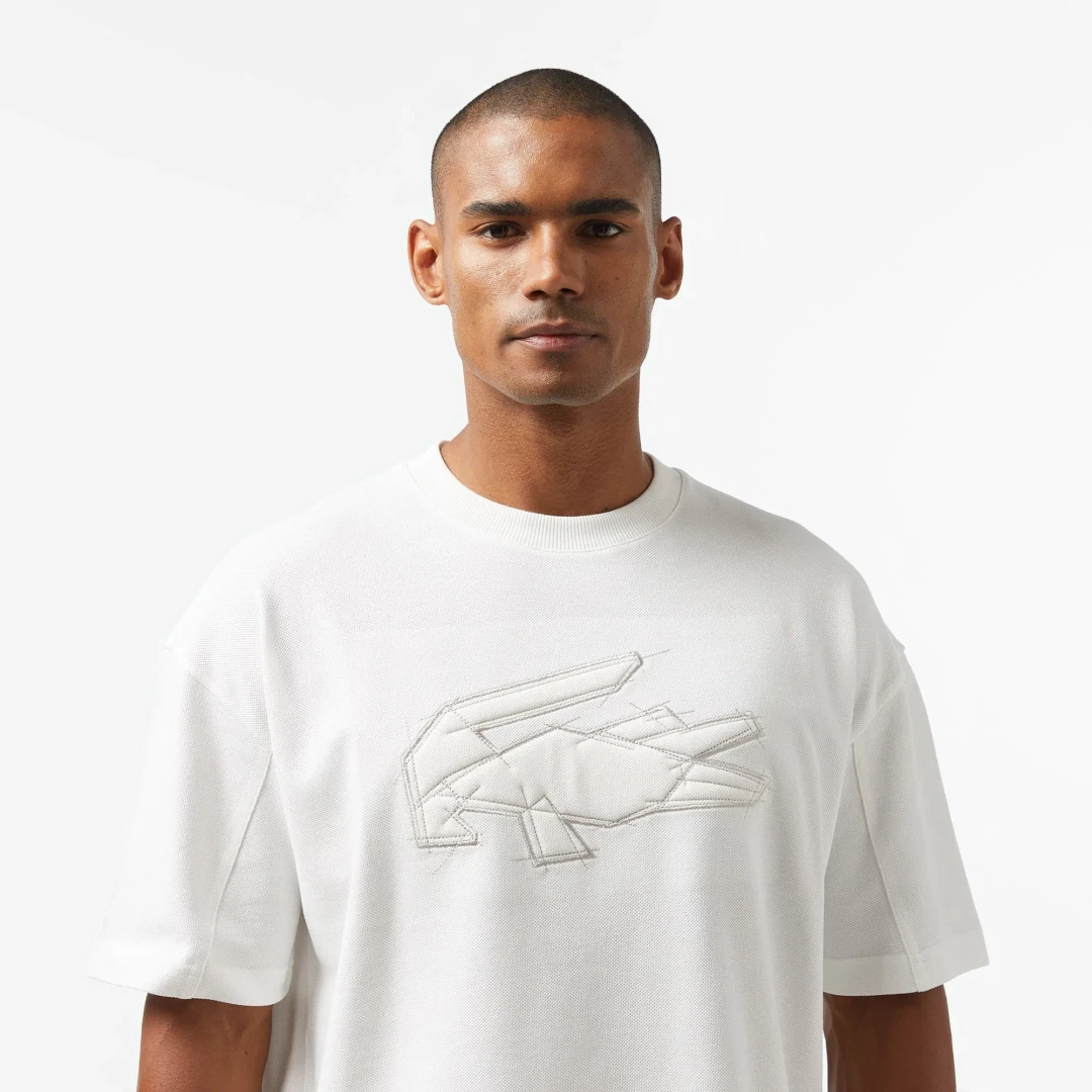 Oversize Fit Bisiklet Yaka Baskılı T-Shirt Beyaz