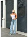 Palazzo Fit Özel Çiçek Nakışlı Tasarım Denim Jean