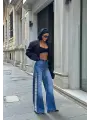 Tasarım Yanları Dantel Detaylı Wide Leg Jean Kot Pantalon