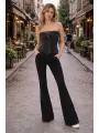 Taşlı Işıltılı Kot Denim Düğmeli Büstiyer