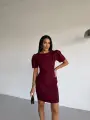 Bordo Kayık Yaka Kısa Kollu Mini Elbise