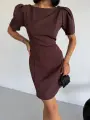 Kahverengi Kayık Yaka Kısa Kollu Mini Elbise