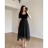 Siyah Kare Yaka Eteği Şifon Elbise