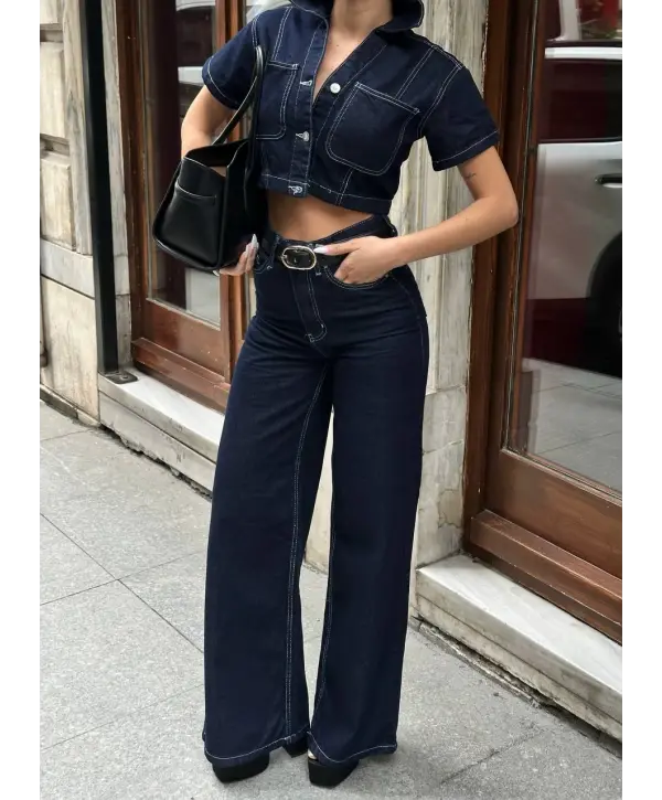 Frame Crop & Palazzo Pantolon Denim 2’li Takım