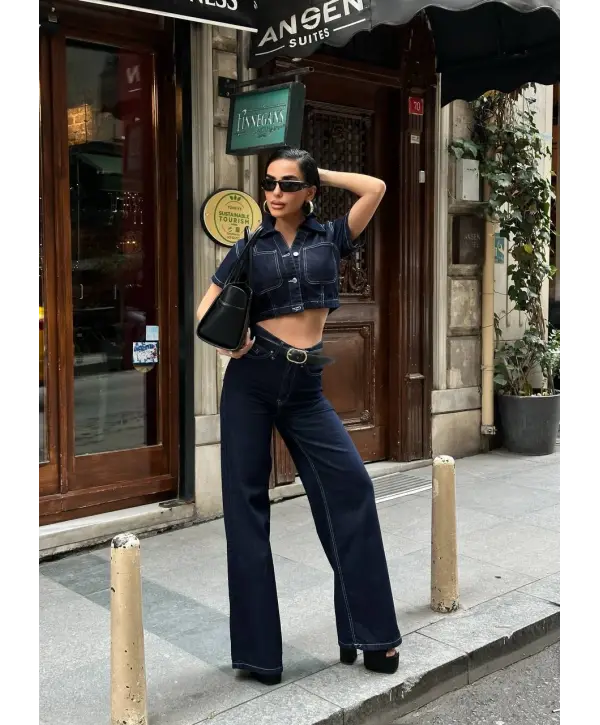 Frame Crop & Palazzo Pantolon Denim 2’li Takım