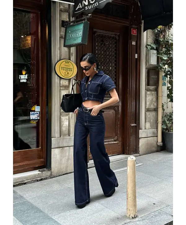 Frame Crop & Palazzo Pantolon Denim 2’li Takım