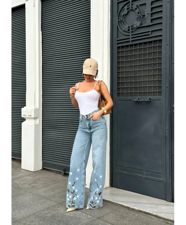 Palazzo Fit Özel Çiçek Nakışlı Tasarım Denim Jean