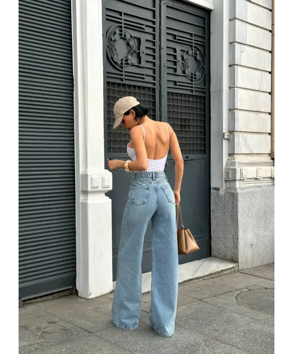 Palazzo Fit Özel Çiçek Nakışlı Tasarım Denim Jean