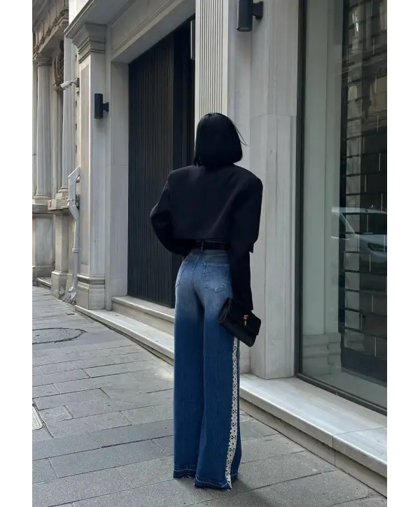Tasarım Yanları Dantel Detaylı Wide Leg Jean Kot Pantalon