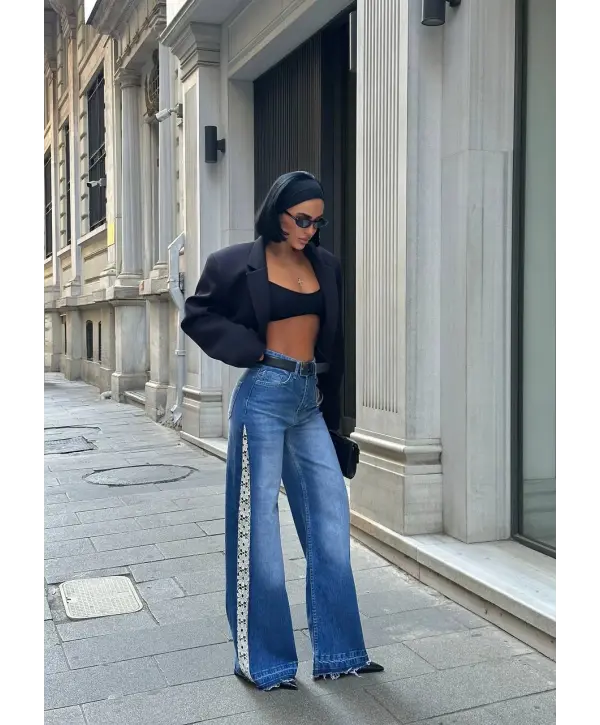 Tasarım Yanları Dantel Detaylı Wide Leg Jean Kot Pantalon