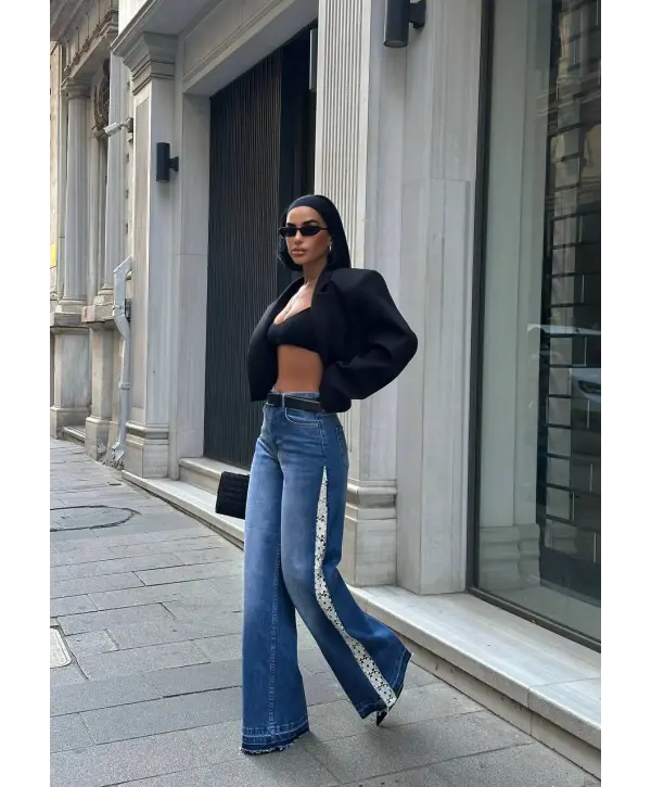 Tasarım Yanları Dantel Detaylı Wide Leg Jean Kot Pantalon