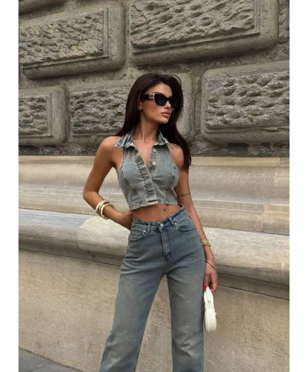 Sırt Dekolteli Jean Tasarım Crop