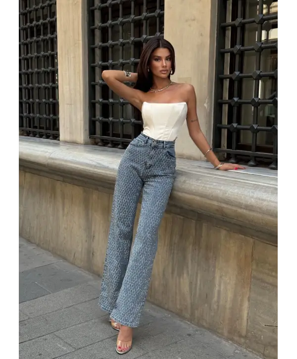 Yüksek Bel Işıltılı Taşlı Premium Jean