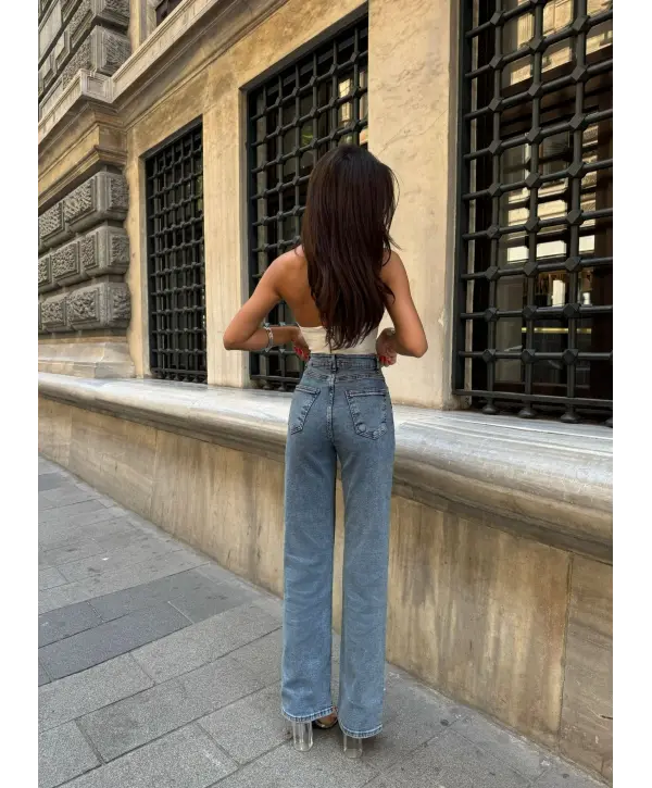 Yüksek Bel Işıltılı Taşlı Premium Jean