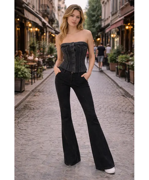 Taşlı Işıltılı Kot Denim Düğmeli Büstiyer
