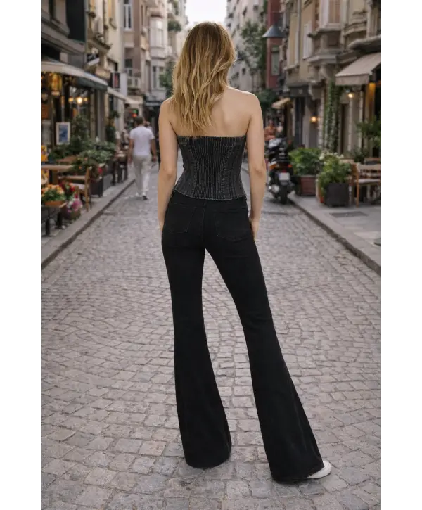 Taşlı Işıltılı Kot Denim Düğmeli Büstiyer