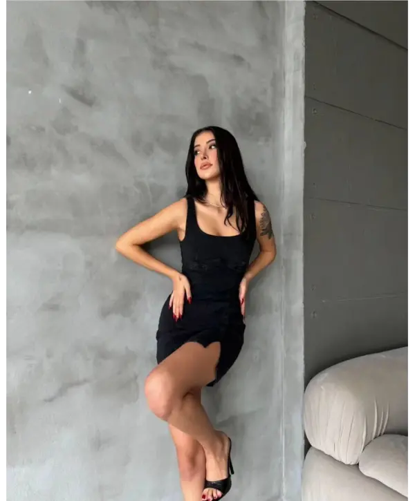 Minimal Askılı Fit Kesim Siyah kot Denim Mini Elbise