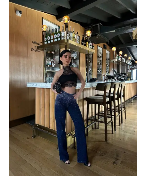 Lacivert Taşlı Denim Kot Pantalon Parlak Jean