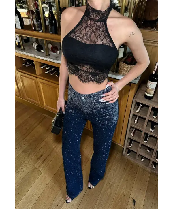 Lacivert Taşlı Denim Kot Pantalon Parlak Jean