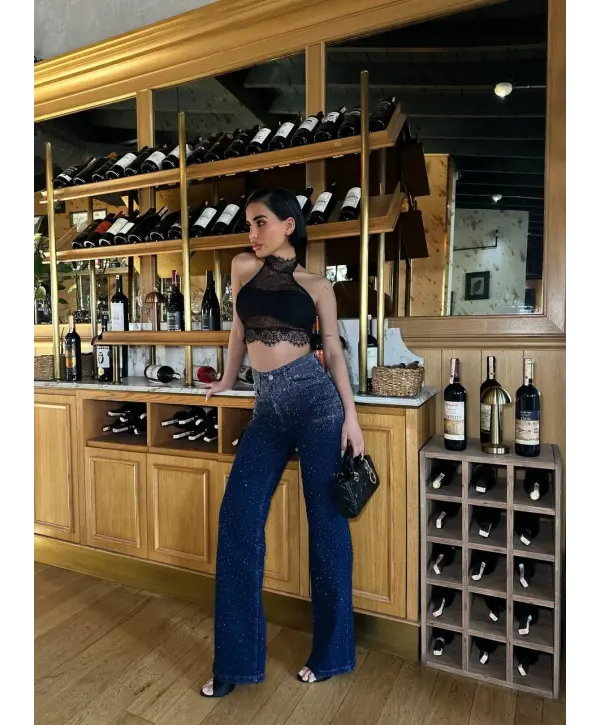 Lacivert Taşlı Denim Kot Pantalon Parlak Jean