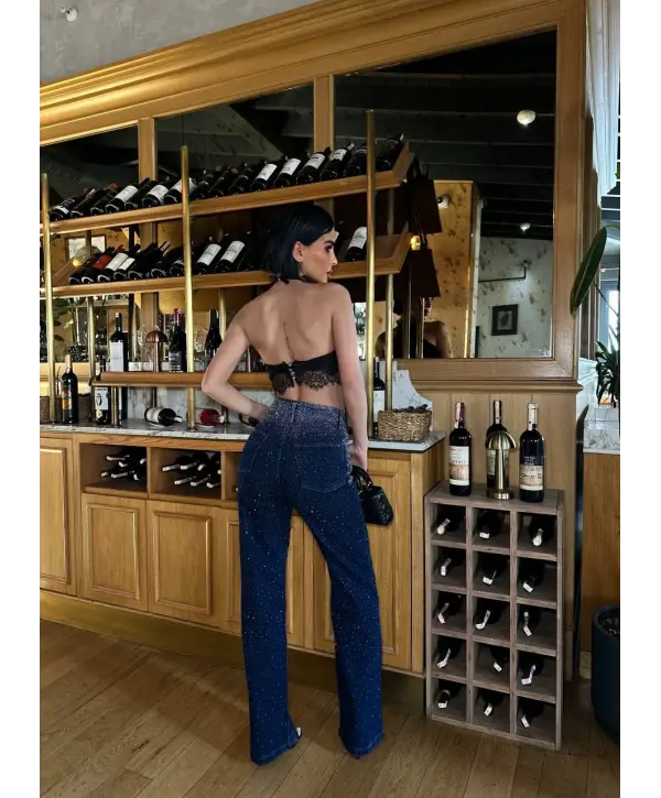 Lacivert Taşlı Denim Kot Pantalon Parlak Jean