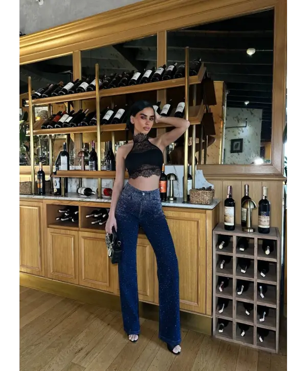 Lacivert Taşlı Denim Kot Pantalon Parlak Jean