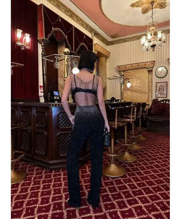 Siyah Taşlı Denim Kot Pantalon Parlak Jean