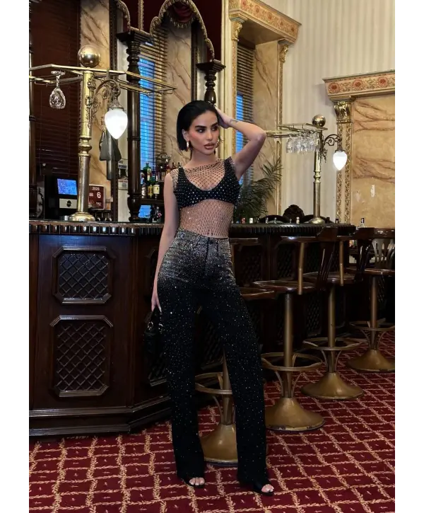 Siyah Taşlı Denim Kot Pantalon Parlak Jean