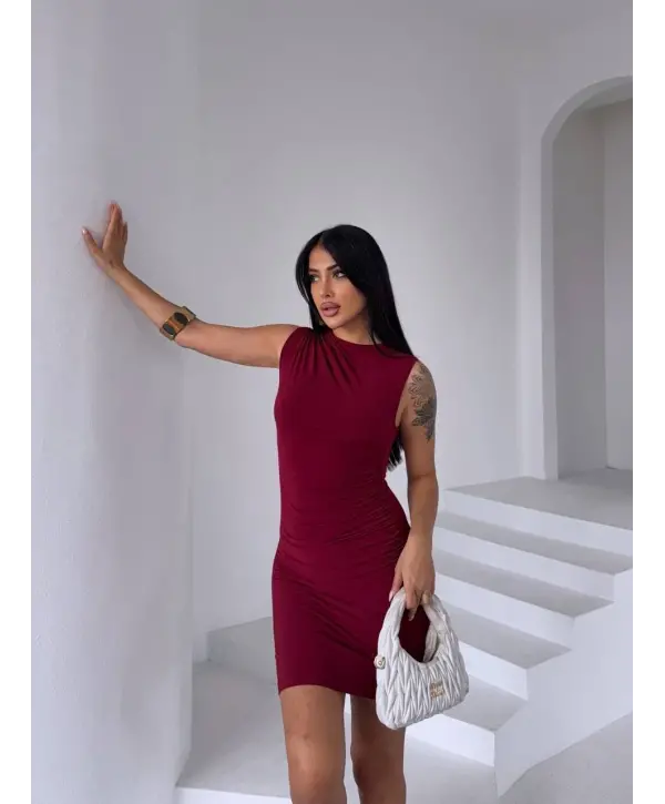 Bordo Drapeli Sandy Kumaş Elbise