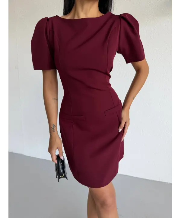 Bordo Kayık Yaka Kısa Kollu Mini Elbise