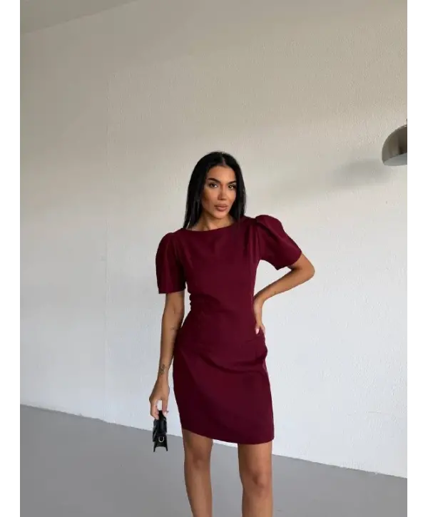 Bordo Kayık Yaka Kısa Kollu Mini Elbise
